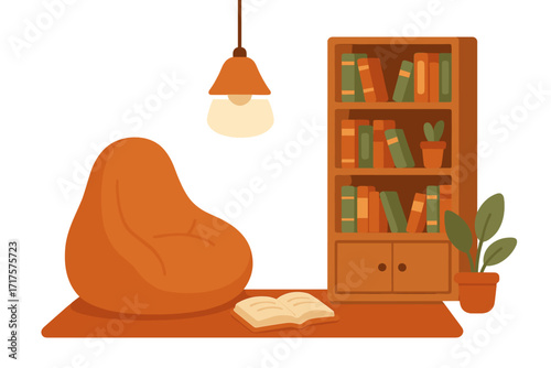 Cozy reading nook with bean bag chair and bookshelf. Flat vector illustration of home library interior. Concept for hobby, education, study, relaxation and comfortable living.
