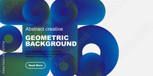 Abstract geometric shapes overlap, creating vibrant color gradients. Text promotes design concept, inviting further exploration.