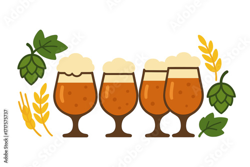 Craft beer tasting flight concept with hops and wheat. Vector illustration set of beer glasses for brewery or pub menu. Flat cartoon design for bar, alcohol drink, ale, lager.