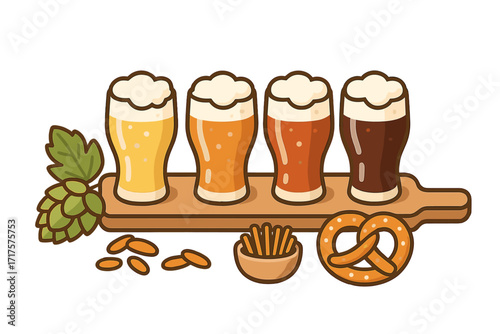 Craft beer tasting flight with four glasses of ale, lager, porter, and stout. Vector illustration with hops, malt, and snacks for a pub, bar, or brewery tasting event.