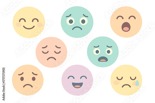 Set of emotional faces. Cute pastel emoji collection. Vector emoticons with various moods. Mental health, psychology concept. Feedback, customer satisfaction rating scale.