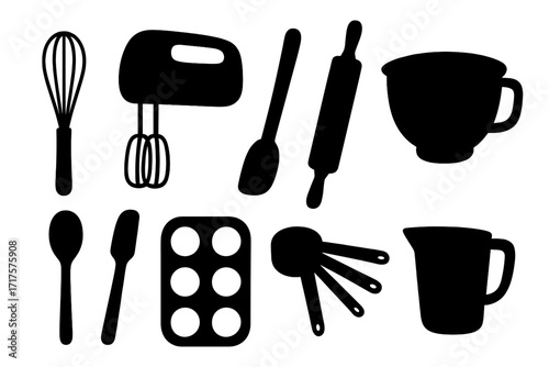 Baking tools silhouette collection. Kitchen utensils icon set for cooking and baking. Whisk, mixer, rolling pin, measuring cups, bowl, muffin tin vector illustration.