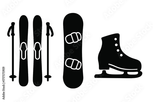 Winter sports equipment icon set. Vector collection of black silhouettes for skiing, snowboarding, and ice skating. Minimalist symbols for ski, snowboard, and skate gear.