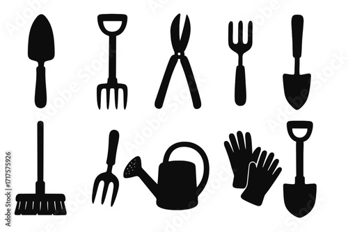Gardening tools silhouette set. Vector icons collection of garden equipment for agriculture and farming. Shovel, spade, trowel, rake, fork, pruners, watering can, and gloves.