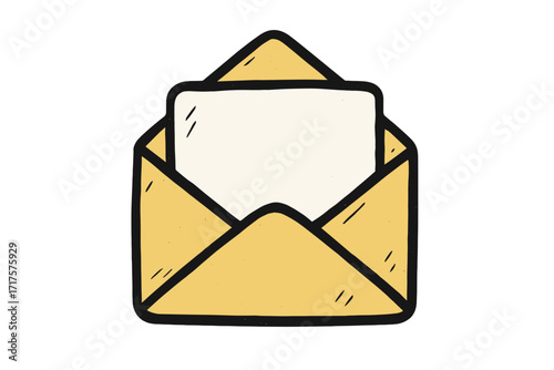 Hand-drawn open envelope with blank letter. Vector cartoon doodle for mail, message or communication. Simple flat icon for correspondence, invitation or announcement. Isolated.