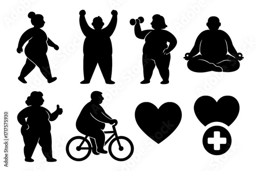 Overweight people silhouettes icon set. Plus size man and woman doing fitness, yoga, cycling. Concept for body positivity, healthy lifestyle, wellness, exercise, weight loss.