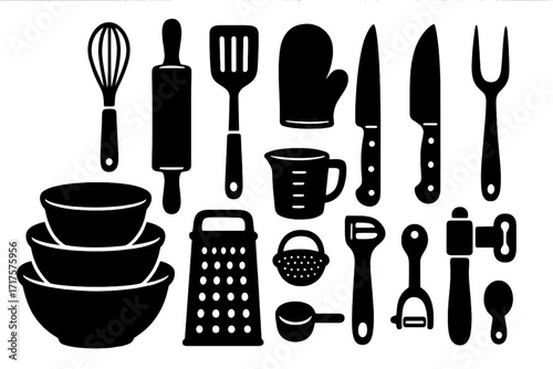 Kitchen tools and cooking utensils silhouette icon set. Vector collection of essential baking and culinary equipment. Includes mixing bowl, whisk, rolling pin, knife, and spatula.