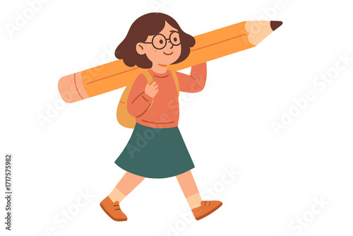 Cute student girl with glasses carries a huge pencil on her shoulder. Back to school concept. Young person holding a big writing instrument. Flat hand drawn vector illustration.