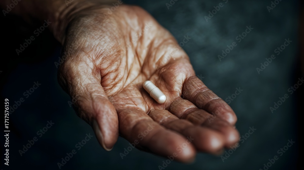 Fototapeta premium Close up of an elderly person s wrinkled hand holding a single white capsule symbolizing healthcare and the aging process