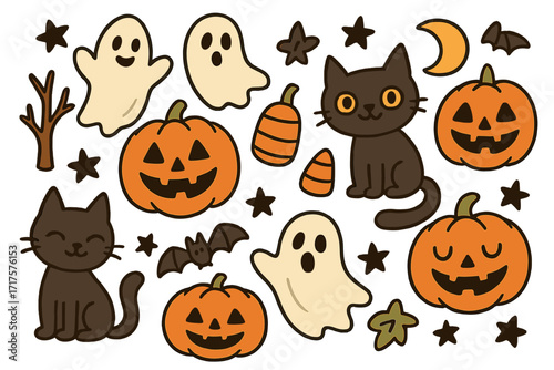 Halloween cartoon set with cute doodle elements. Vector collection of spooky icons like pumpkins, ghosts, black cats, and bats. Playful holiday character illustration pack.