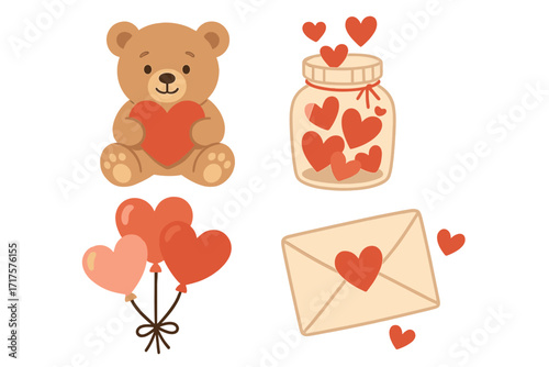 Cute Valentine's Day sticker set with teddy bear holding a heart, love letter, jar of hearts, and balloons. Romantic 14 February icon collection for greeting cards. Flat vector.
