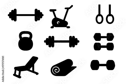 Gym equipment icon set. Fitness, workout, and bodybuilding symbols. Vector collection of black silhouettes: dumbbell, barbell, kettlebell, exercise bike, mat, and bench press.