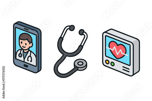 Isometric medical icon set for telemedicine and healthcare. Vector cartoon illustration of online doctor on smartphone, stethoscope, and heart monitor ECG for health app design.