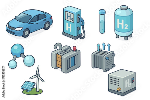 Isometric hydrogen fuel cell technology icon set. Green energy vector collection. H2 car, renewable production, storage tank, and refueling station cartoon illustration.