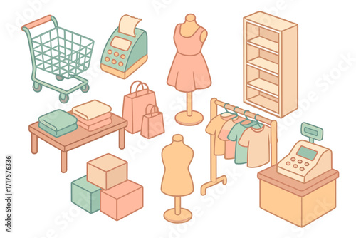 Isometric retail store and shopping elements set. Vector cartoon fashion boutique collection. Mannequin with dress, clothes rack, cart, cash register, and display icons.
