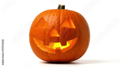 Spooky carved pumpkin glowing with warm light on a white background, ready for Halloween celebration.