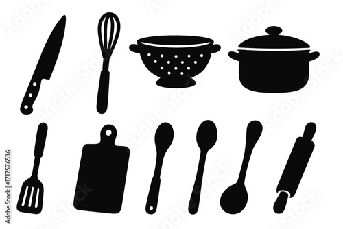 Kitchen utensil icon set in black silhouette style. Vector graphic collection of cookware and kitchenware tools for cooking: knife, whisk, colander, pot, spatula, cutting board.