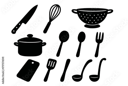 Kitchen utensil icon set. Vector collection of cooking tools silhouettes. Knife, whisk, colander, pot, spoon, fork, spatula, and ladle icons for food prep. Cookware and cutlery.
