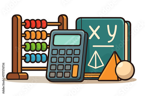 Math education concept with abacus, calculator, and textbook. Vector cartoon illustration for back to school, learning, finance, and accounting. Isolated geometric shapes.