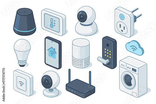 Isometric smart home devices vector icon set. Collection of modern gadgets for home automation, internet of things. Cartoon illustration of connected technology appliances.
