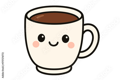 Cute coffee cup character with a smiling face. Kawaii mug vector illustration. Take me with you lettering. Happy hot drink mascot for cafe menu, sticker, or print design.