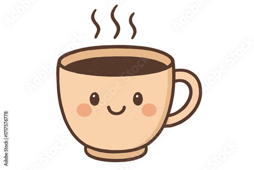 Cute coffee cup with smiling face. Kawaii cartoon character. Vector hand drawn illustration for a cafe menu or breakfast icon. Hot drink, caffeine beverage with steam.