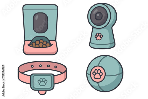 Set of modern pet gadgets. Smart devices for home animals. Automatic food feeder, pet camera, gps tracker collar, interactive ball toy. Pet tech concept vector illustration.
