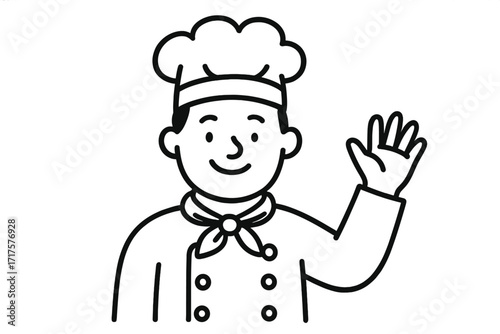 Male chef waving hand in cap and uniform. Hand-drawn doodle style vector illustration. Black outline on white background isolated cartoon character, cooking and hospitality concept