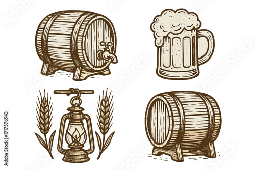 Rustic beer festival vector collection. Hand-drawn vintage icons of beer barrel, mug, lantern, and wheat. Brewery pub symbols for Oktoberfest. Craft ale graphic set.