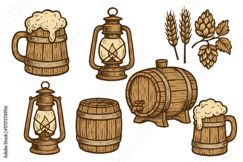 Hand-drawn rustic beer festival collection. Vintage brewery set with wooden mug, barrel, hops, and lantern icons. Vector illustration for pub menu or Oktoberfest design.
