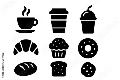 Coffee and bakery icon set. Vector silhouette glyph collection for cafe menu design. Simple flat graphic symbols of coffee cup, croissant, donut, muffin, bread and cookie.