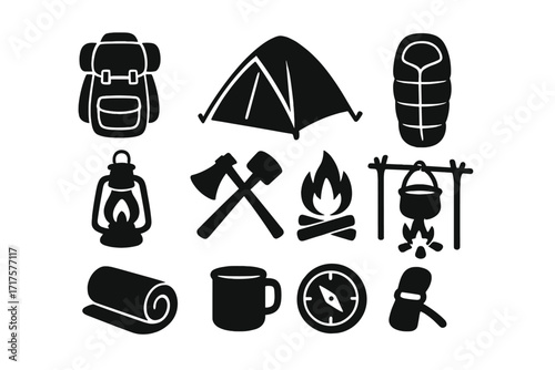Camping and hiking equipment icon set. Vector silhouettes of backpack, tent, sleeping bag, lantern, campfire, compass. Outdoor adventure and travel symbols collection.
