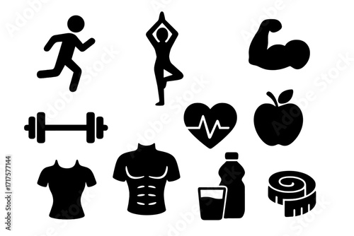 Fitness and health icon set. Vector silhouettes for lifestyle and wellness. Includes running, yoga, workout, gym, diet, nutrition, bodybuilding, cardio, and weight loss concepts.