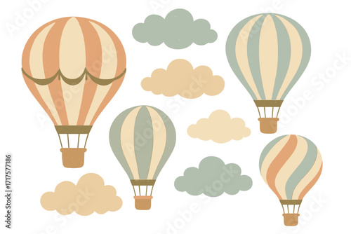 Vintage hot air balloon festival card, pastel air balloons floating with soft clouds for adventure and travel, flat hand-drawn vector illustration, whimsical childhood dreamy concept