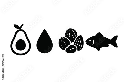Healthy fats food icon set. Silhouette vector symbols of avocado, oil drop, nuts, and fish. Nutrition, diet, omega 3, and ketogenic food sources. Healthy eating concept.