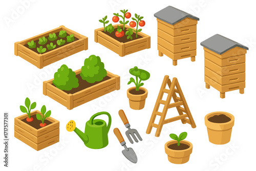 Gardening isometric set. Vector collection of garden tools, equipment and plants. Urban farming, beekeeping and agriculture concept. Beehive, raised bed, seedling, vegetables.