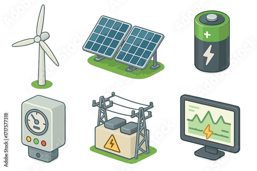 Isometric sustainable energy icon set with wind turbine, solar panels, and battery storage. Vector cartoon illustration of green power, grid substation, and monitoring.