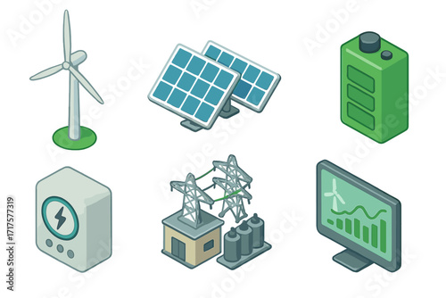 Isometric sustainable energy icon set. Vector cartoon illustration of wind turbine, solar panels, battery storage, and power grid substation. Renewable green electricity concept.