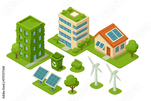 Isometric eco city constructor set. Green energy and sustainable architecture concept. Vector illustration of buildings, solar panels, and wind turbines for smart city design.