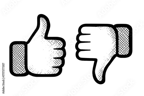 Thumbs up and down flat icon set. Like and dislike hands with halftone effect. Social media feedback, approval, disapproval. Yes and no vote. Vector cartoon illustration.