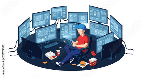 A teenager immersed in a digital world, surrounded by monitors displaying data