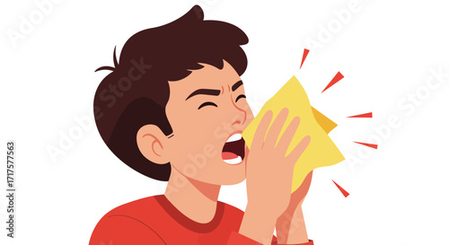 A Stylized Vector Illustration of a Person Sneezing into a Tissue with Force