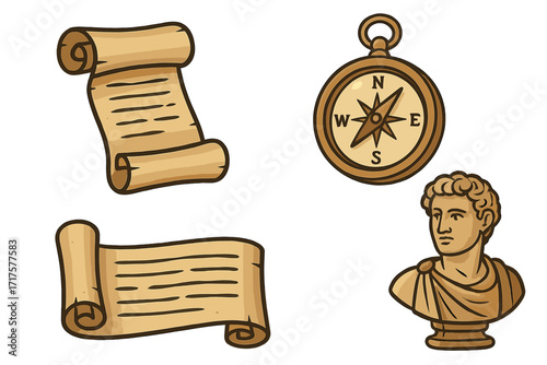 Vintage history elements collection with parchment scrolls, navigation compass, and Roman bust. Vector cartoon set for concepts of science, archeology, discovery, and education.