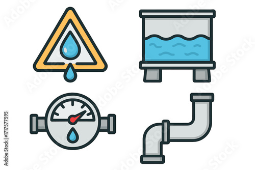 Water monitoring system icon set for plumbing and water management. Vector illustration includes leak alert sign, reservoir tank, flow meter gauge, and pipeline elements.