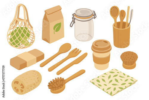 Zero waste kitchen essentials for sustainable living. Eco-friendly set with reusable items like wooden utensils, glass jar, coffee cup, and string bag. Isometric vector.