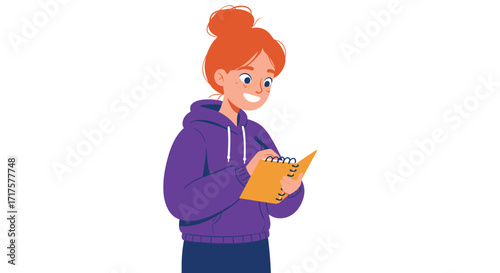 Illustration of a young woman studying and writing in a notebook brightly