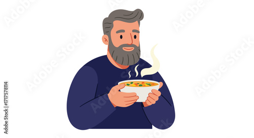 Cozy moment: Cartoon man enjoys a warm bowl of soup illustration