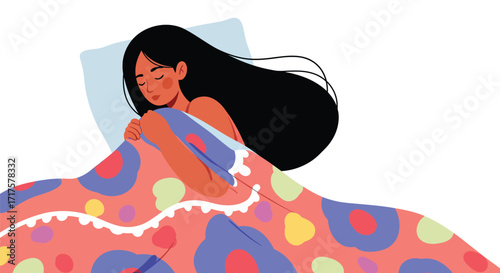 Tranquil slumber illustration a girl resting under patterned blanket