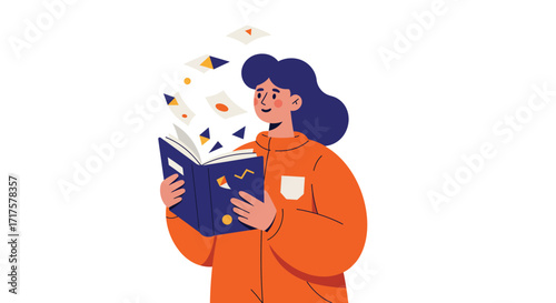 Vibrant character absorbed in an open book with floating colorful shapes