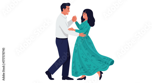 Elegant couple embracing in dance, a stylized flat vector illustration